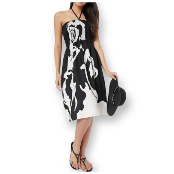 GYPSY BLU BLACK & WHITE WOMEN DRAWSTRING ELASTIC SHORT TUBE DRESS SZ.M EUC. - Picture 2 of 11